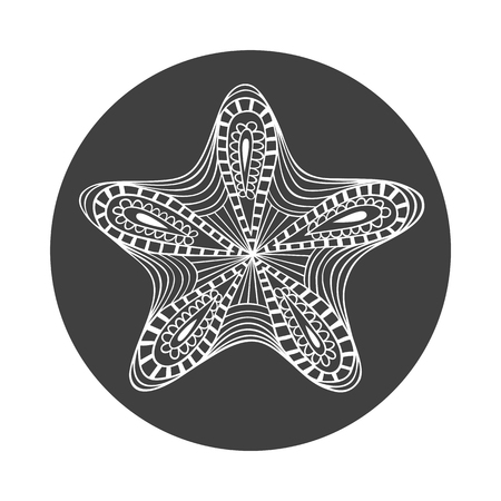 Isolated hand drawn white outline starfish on black round background. Star ornament of curve lines.のイラスト素材