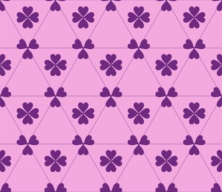 Seamless colored pattern. Print of purple clovers four and three leaves and lines of triangles on pink color background.のイラスト素材