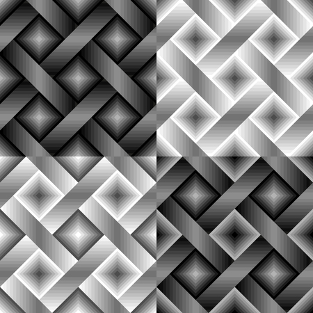 Set of seamless monochrome geometric pattern with gray, black, white lines and squares.のイラスト素材