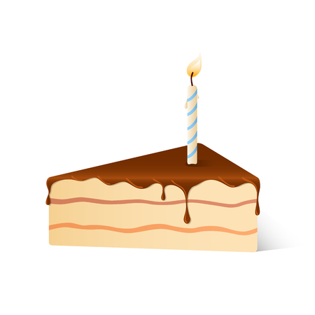 Isolated pie of birthday sponge cake with dark chocolate and candle light with shadow on white backgroundのイラスト素材