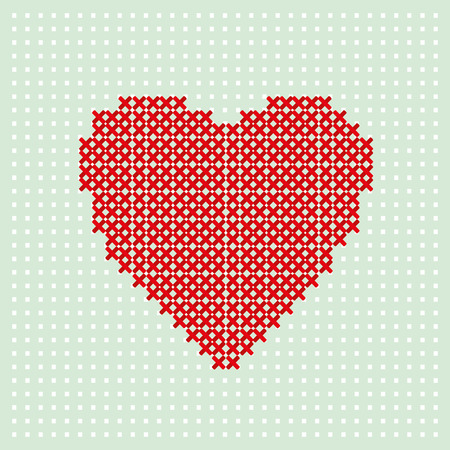 Red heart embroider by thread on turquoise background. Cross stitching on canvasのイラスト素材