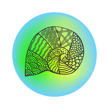 Isolated hand drawn black outline sea shell on colored round background. Ornament of curve linesのイラスト素材