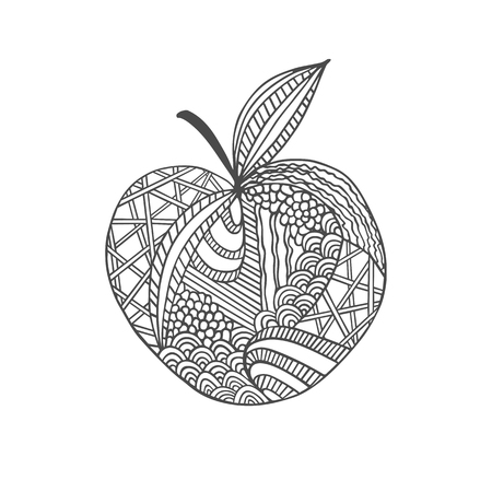 Isolated hand drawn black outline apple on white background. Ornament of curve linesのイラスト素材