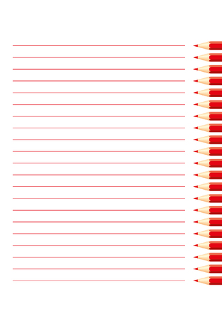 Page for notebook with red color pencils and red horizontal lines on white backgroundのイラスト素材