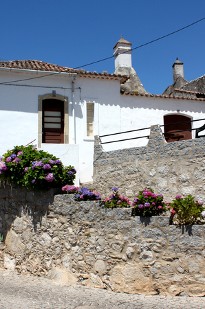 Portugal, Algarve, Monchique. White wall of house with flowers on blue sky background, vertical viewの写真素材