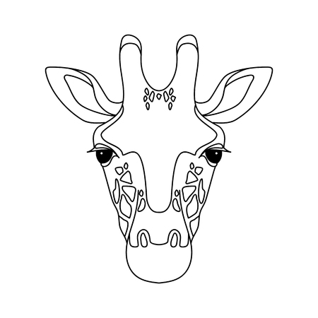 Isolated black outline head of giraffe on white background. Line cartoon face portraitのイラスト素材