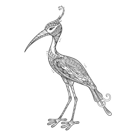 Isolated hand drawn black outline monochrome abstract ornate bird heron, stork, crane on white background. Ornament of curve linesのイラスト素材
