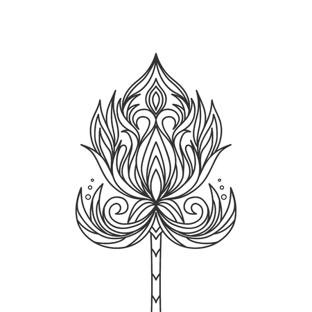 Isolated hand drawn black outline monochrome ornate flower on white background. Abstract ornament of curve linesのイラスト素材