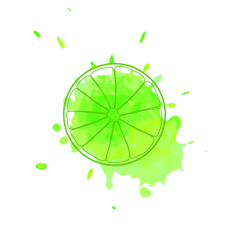 Isolated green outline slice of lime on yellow green watercolor spot of juice. Blot print of curve linesのイラスト素材