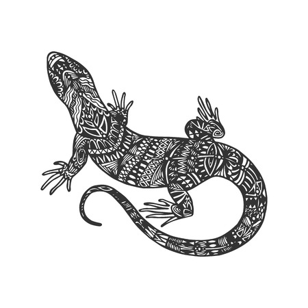 Isolated hand drawn black outline monochrome abstract ornate lizard on white background.のイラスト素材