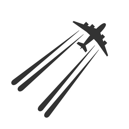 Black isolated silhouette of airplane with jet contrail on white background. View from above of aeroplane with trailのイラスト素材