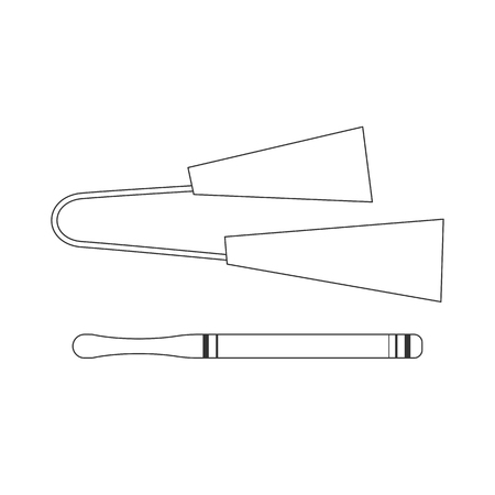 Isolated black outline decorative ornate metal agogo with stick on white background. Line brazilian musical instrument for bateria of capoeiraのイラスト素材