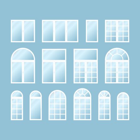 Set of various isolated white plastic windows on blue background. Flat windows collection.のイラスト素材