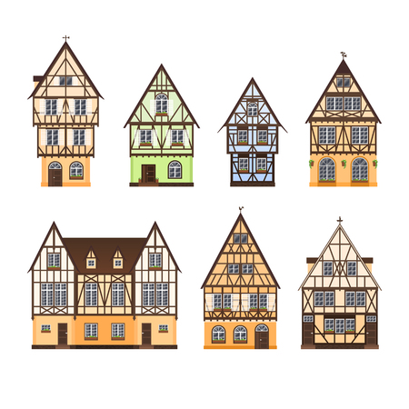 Set of isolated colored half timbered buildings on white background. Collection of flat facades of european framing houses, cottagesのイラスト素材