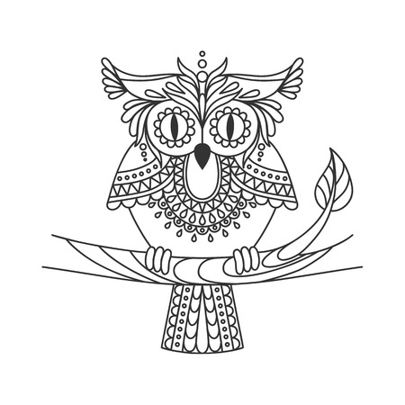 Isolated hand drawn black outline abstract ornate owl on white background. Ornament of curve lines. Page of coloring book front view of owl.のイラスト素材