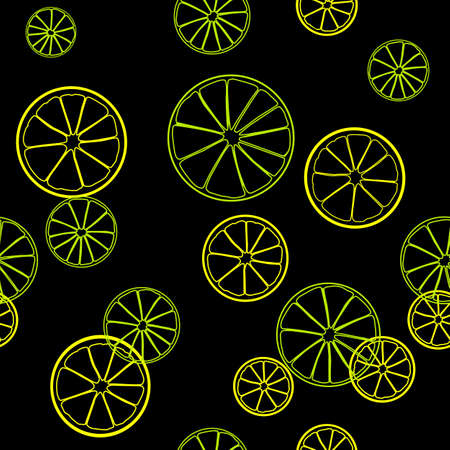 Seamless summer pattern. Line print of slices of green lime and yellow lemon on black background. Citrus fruit backgroundのイラスト素材