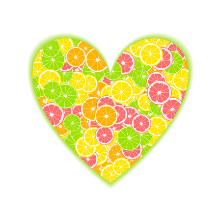 Tropical citrus heart. Summer print composed of yellow lemon, green lime, pink grapefruit and orange with green shadow on white backgroundのイラスト素材