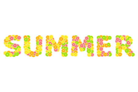 English word summer. Citrus tropical print composed of yellow lemon, green lime, pink grapefruit and orange on white background.のイラスト素材