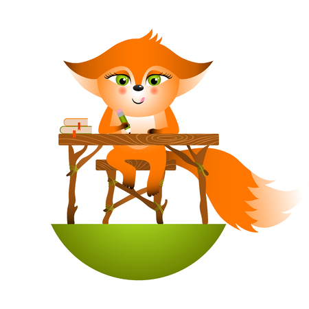 Isolated red cartoon fox cub on white background. Sitting in the school desk frendly orange fox. Wild animal funny personageのイラスト素材