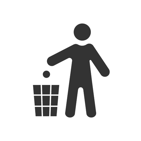 Black isolated icon of man throw garbage to dustbinon white background. Silhouette of man throw trash to binのイラスト素材