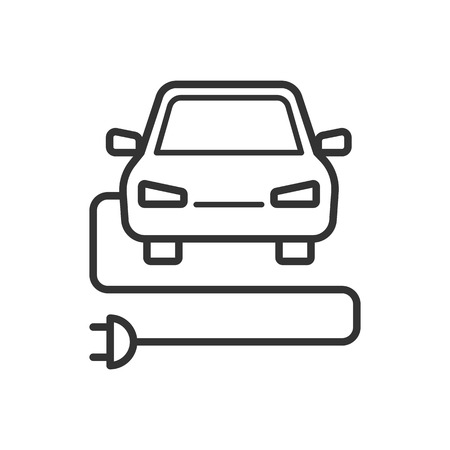 Black isolated outline icon of electric car on white background. Line Icon of electric carのイラスト素材