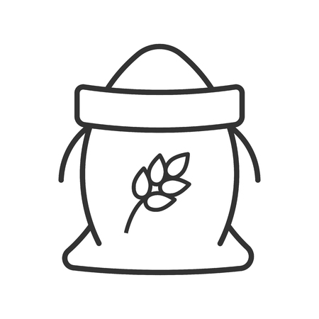 Black isolated outline icon of sack of flour on white background. Line Icon of bag of grainのイラスト素材