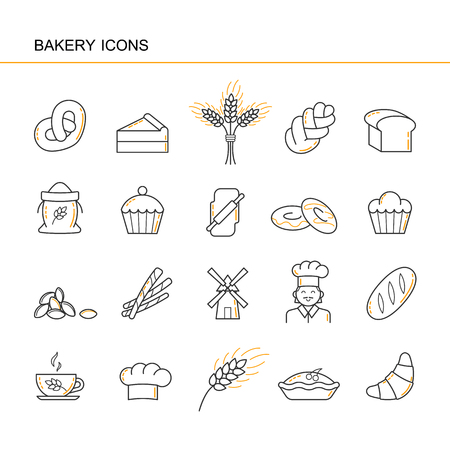 Isolated black outline collection icons of croissant, bread, cake, ear wheat, chef, mill, cup, cupcake, pretzel, sack flour, challah, sheaf, cap cook rolling pin doughnut Set of line bakery iconのイラスト素材