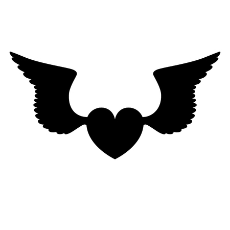 Isolated black silhouette of heart with pair of wings on white background. Curve lines.のイラスト素材