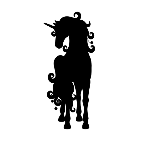 Isolated black silhouette of standing unicorn on white background. Front view.のイラスト素材