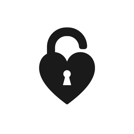 Black isolated icon of unlocked heart shape lock on white background. Silhouette of unlocked heart shape lock. Flat design.のイラスト素材