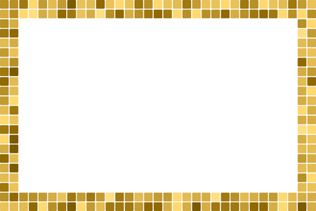 Golden abstract rectangular frame with copy space for text or photo. Geometric print composed of golden squares on white background. Imitation of gold mosaic.のイラスト素材
