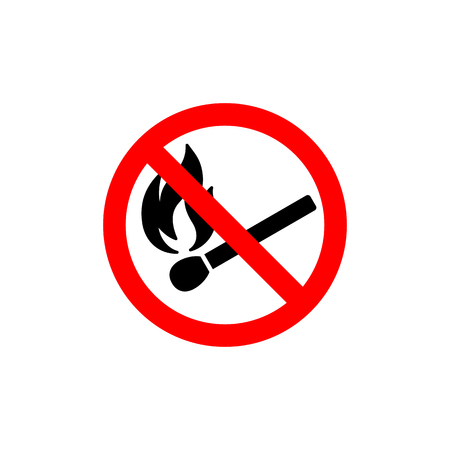 No open fire burning symbol. Black matchstick with flame in red crossed circle. Forbidden sign with burning matchstick. Prohibition signのイラスト素材