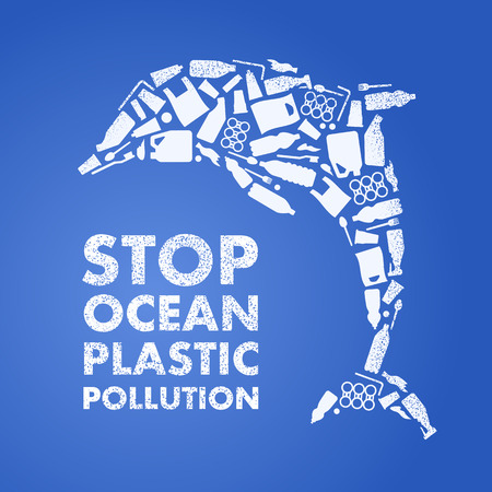Stop ocean plastic pollution. Ecological poster. Dolphin composed of white plastic waste bag, bottle on blue backgroundのイラスト素材