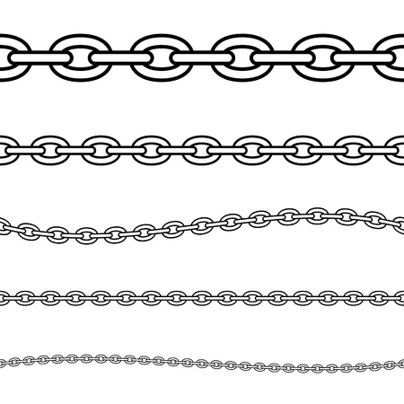 Set of black isolated outline chains on white background. Seamless pattern of line chain. Decorative borderのイラスト素材
