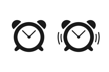 Black isolated set of icons of alarm clock and ringing alarm clock on white background. Silhouette of alarm clock. Flat designのイラスト素材