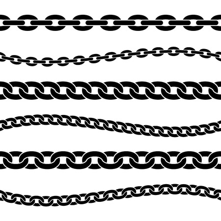 Set of black isolated silhouette of chains on white background. Seamless pattern of chain. Decorative border.のイラスト素材