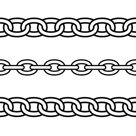 Set of black isolated outline chains on white background. Seamless pattern of line chain. Decorative bordersのイラスト素材