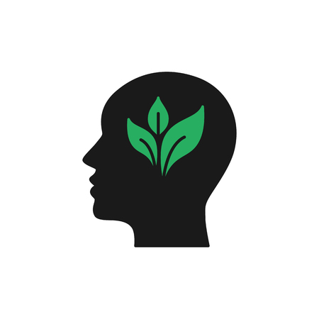 Black isolated icon of head of man and green leaf on white background. Silhouette of head of man. Eco think. Thunk green. Flat designのイラスト素材