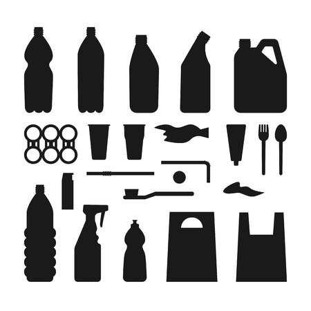 Set of black plastic objects on white background. Silhouette of plastic garbage Bottle, bag, straw, spoon, fork. Plastic pollutionのイラスト素材