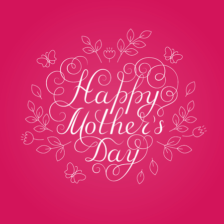 Happy Mother's Day. White ink calligraphy on pink background. Heart shape. Used for greeting card, poster design. Hand drawn english lettering with decorationのイラスト素材