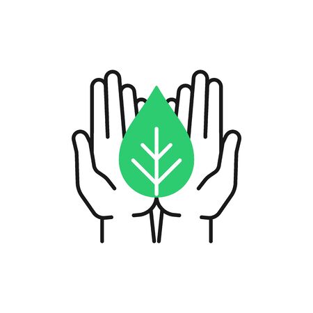 Isolated outline icon of green plant in black open hands on white background. Line icon of leaf and hands. Symbol of care, protection, charity.のイラスト素材