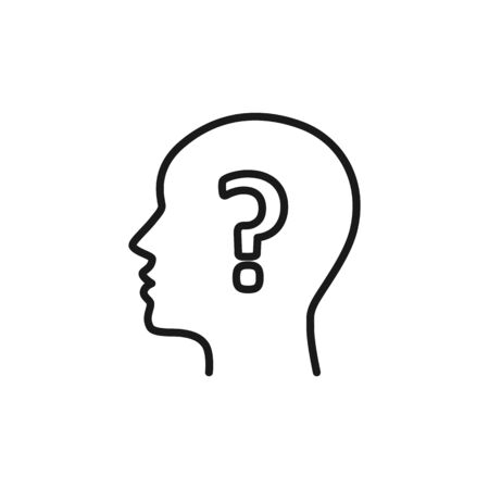 Black isolated outline icon of head of man and question mark on white background. Line icon of head of man and question mark. Symbol of idea, doubt. Flat designのイラスト素材