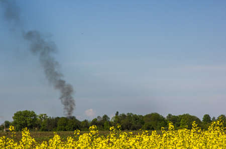 Black smoke over the field on a background of the sky. ecologyの写真素材