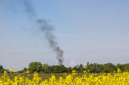 Black smoke over the field on a background of the sky. ecologyの写真素材