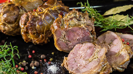 meat dish baked in the oven decorated with spices and rosemary on a dark backgroundの写真素材