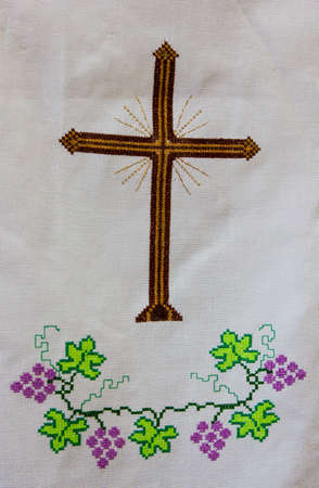 cross-stitch products folk crafts ornaments and patterns embroidered on canvas. linen clothの写真素材