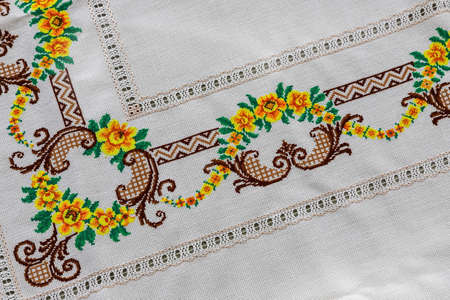cross-stitch products folk crafts ornaments and patterns embroidered on canvas. linen clothの写真素材