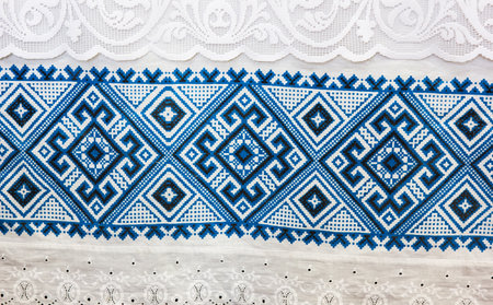 cross-stitch products folk crafts ornaments and patterns embroidered on canvas. linen cloth
