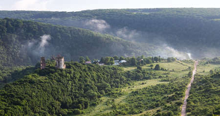 castle ruins on the background of the landscape of Ukraine Nyrkivの写真素材