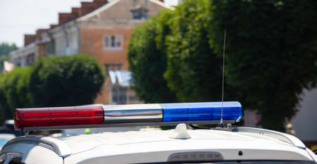 Flashing lights on the police car close-upの写真素材